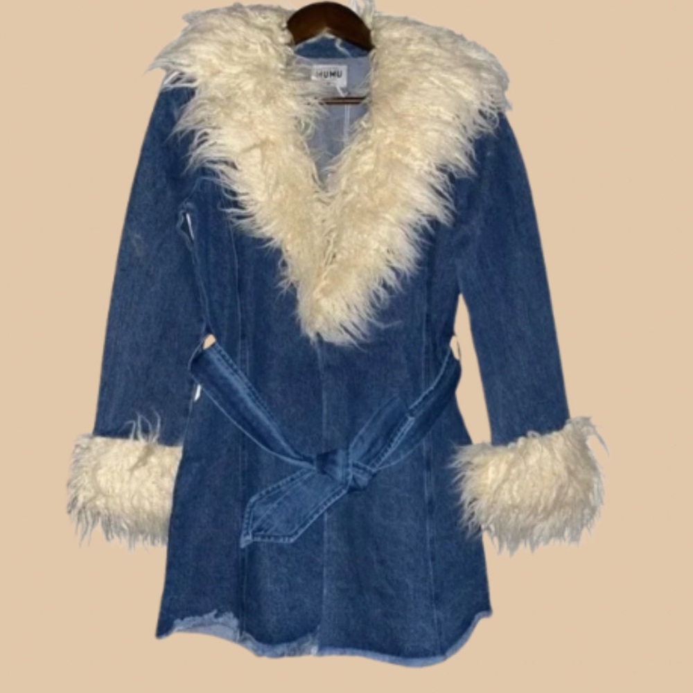 New and Fabulous Retro Faux Textured Fur Denim Boho Coat - Picture 6 of 7
